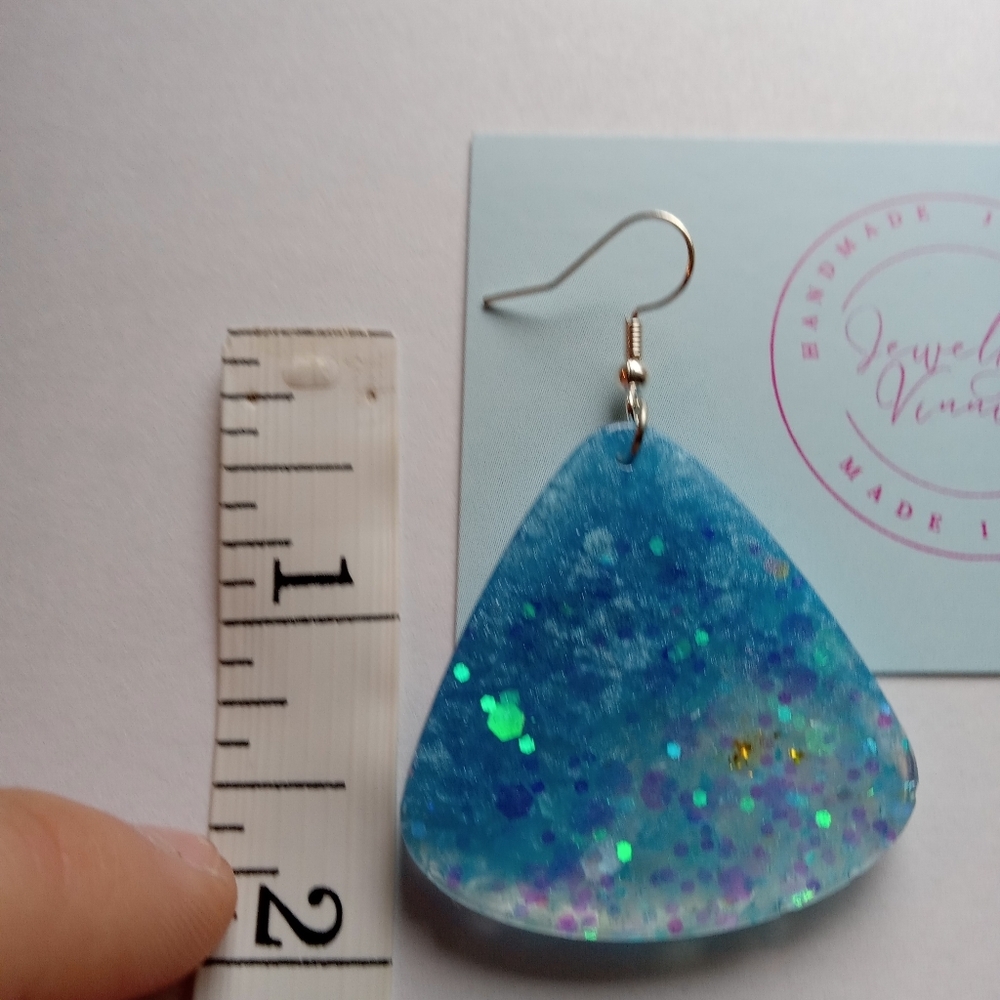 Hand Crafted Blue Glitter Earrings - Picture 5 of 5
